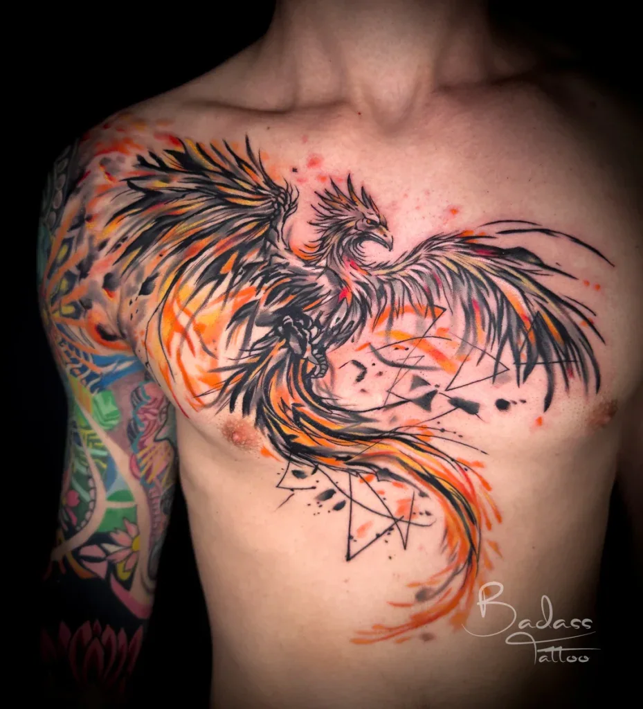 Tatuaj realizat de Samir — Pasăre Phoenix color pe piept