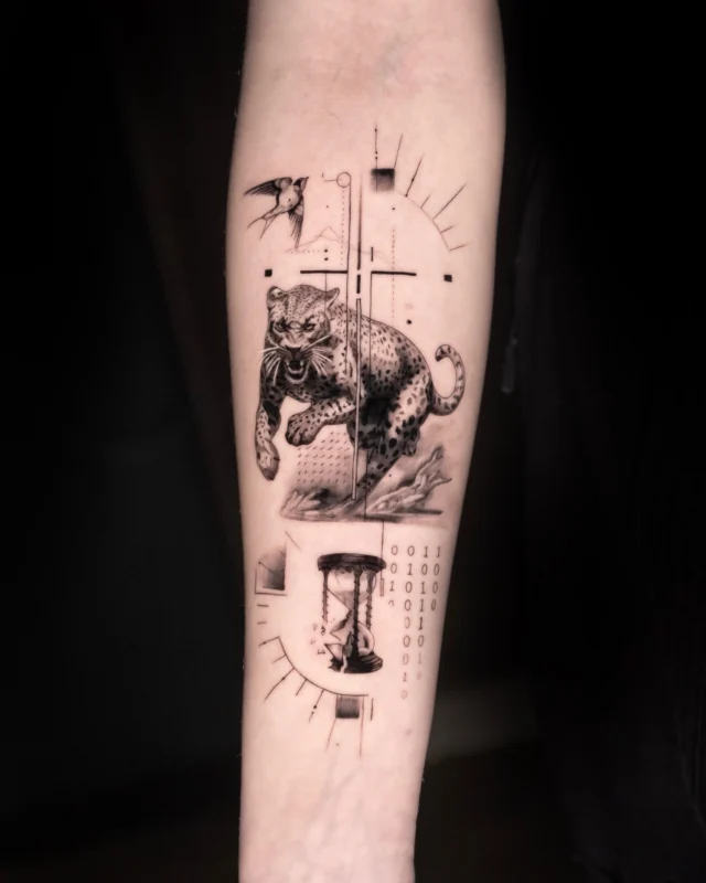 Tatuaj fine line cu leopard pe antebraț