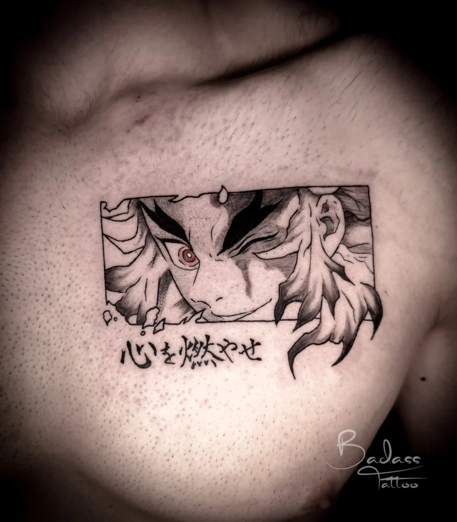 Tatuaj realizat de Cătălina — Portret anime cu inscripție pe piept
