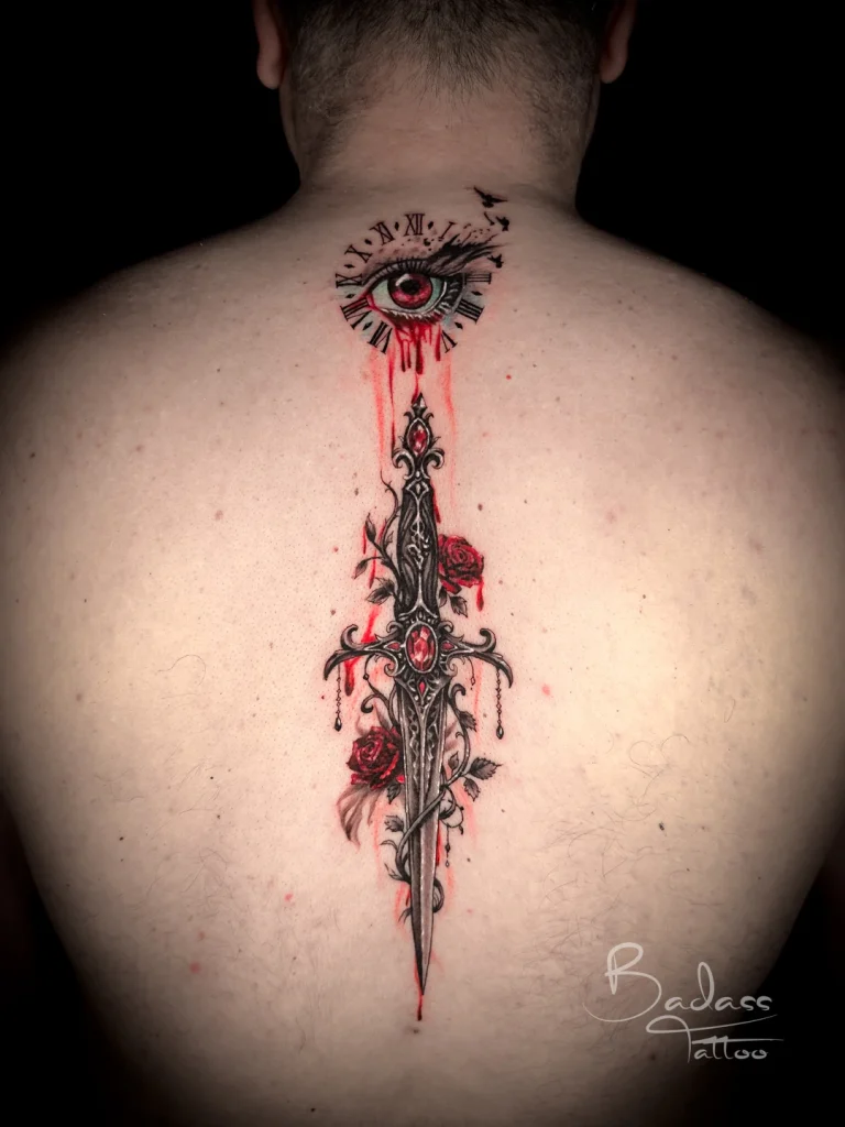 Tatuaj realizat de Samir — Sabie, trandafiri și ochi pe spate