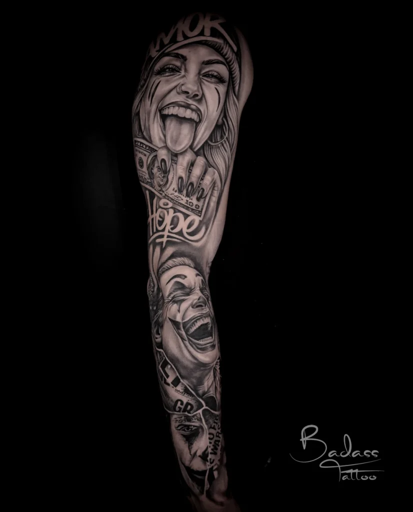 Tatuaj realizat de Samir — Sleeve black and grey cu portrete și lettering